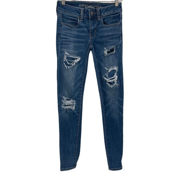 2/$30 American Eagle Distressed Stretch Skinny Jegging Jeans 00 Short - Picture 3 of 11